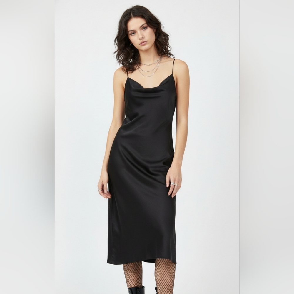 Old Navy Black Scoop Neck Midi Dress Sleeveless Goth Minimalist Satin XL